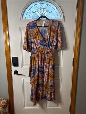 NWT Chris & Carol Midi Wrap Dress in Blue, Mustard & Pink Leaf Print